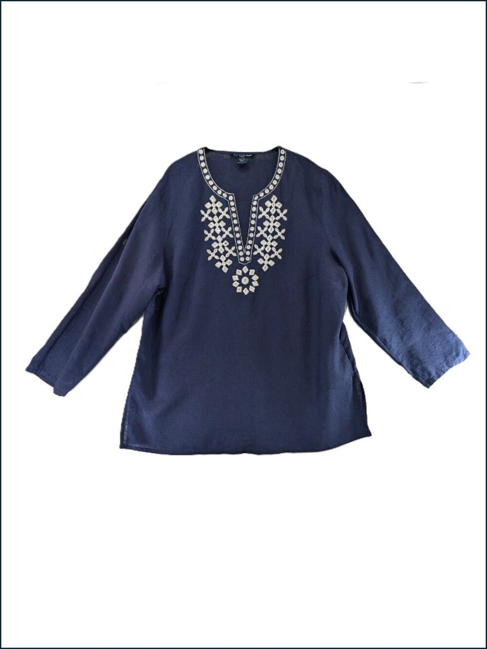St Tropez West Linen Tunic Top Womens Sz 1X Navy White Pullover Resort Beachy